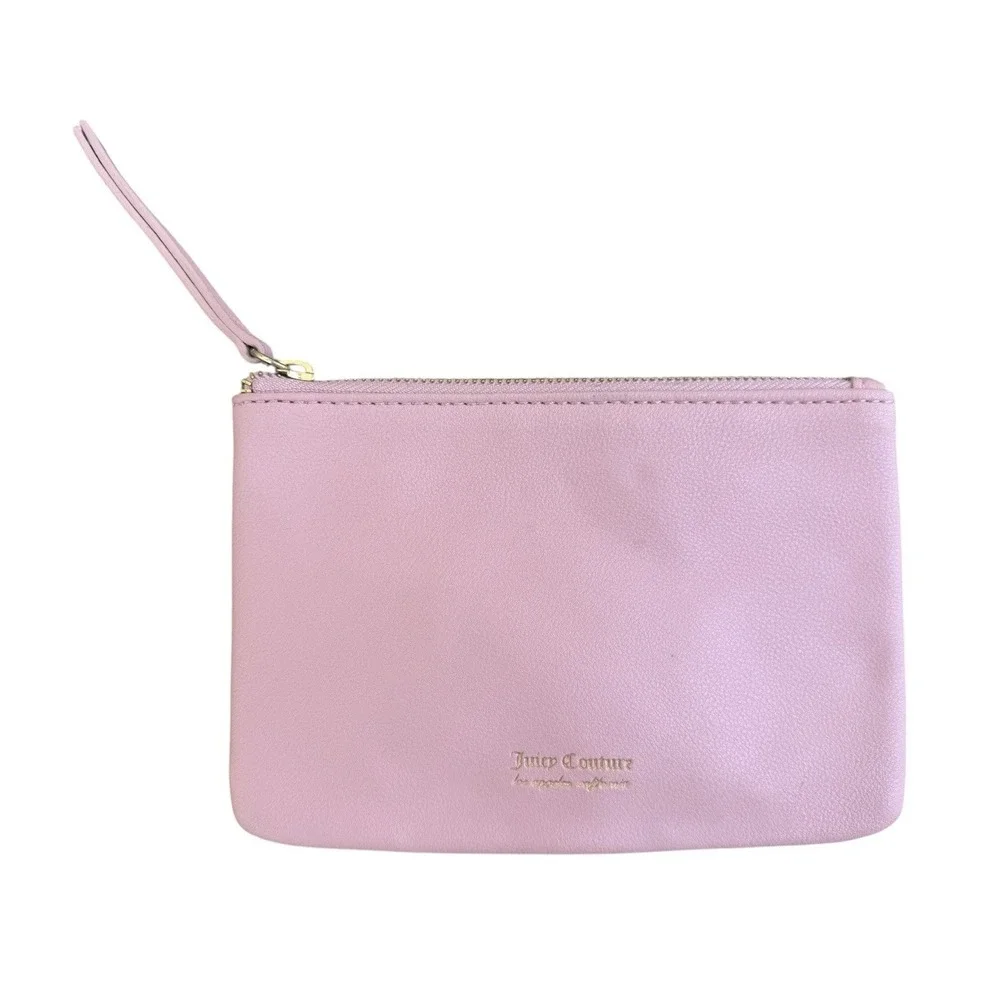 Juicy Couture Pink Wristlet Makeup Bag Cosmetic Pouch Y2K Gold Logo Zip Clutch